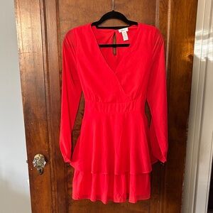 Japna Red Long-Sleeve Dress w/ Sheer Sleeves Size M